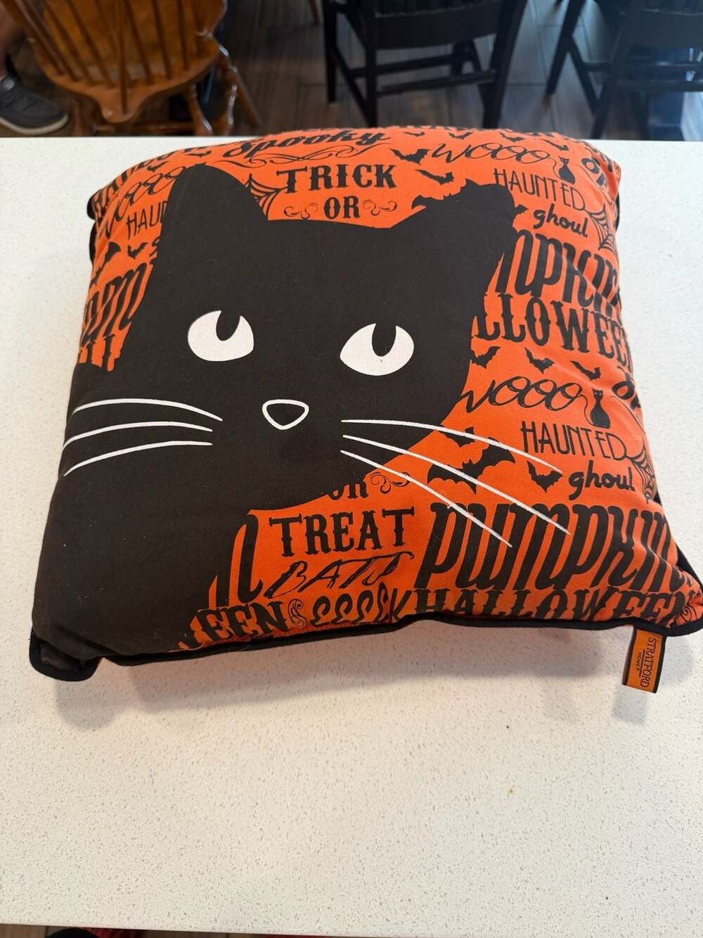 Stratford Home Halloween Black Cat Throw Pillow Orange 16x16 Spooky Decor